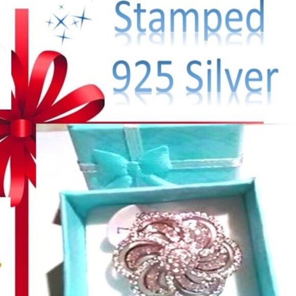 925 Silver LARGE FLOWER CAMELIA Ring SIZE 8 Simulated Diamonds Stamped Cocktail - Picture 7 of 8